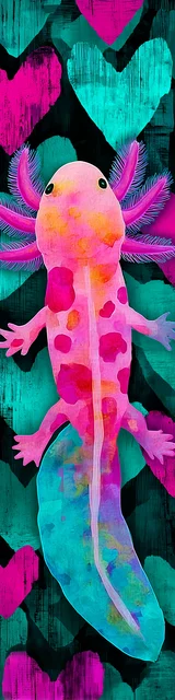 Free printable axolotl bookmark featuring a teal and pink crawling axolotl